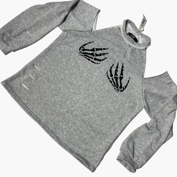 Womens XL Gray CBR Skeleton Hands Cut-Out Shoulder Long Sleeve distressed Top - Picture 1 of 6